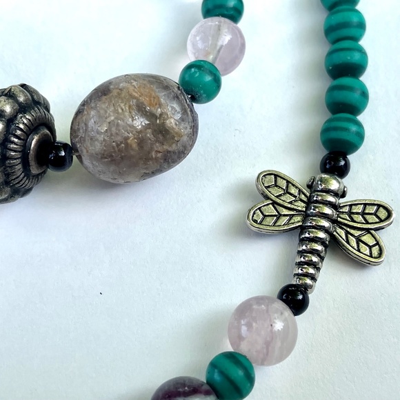 Dragonfly, Stone, and Faux Malachite Necklace, Bracelet, Clip-on Earring Set - Picture 3 of 11